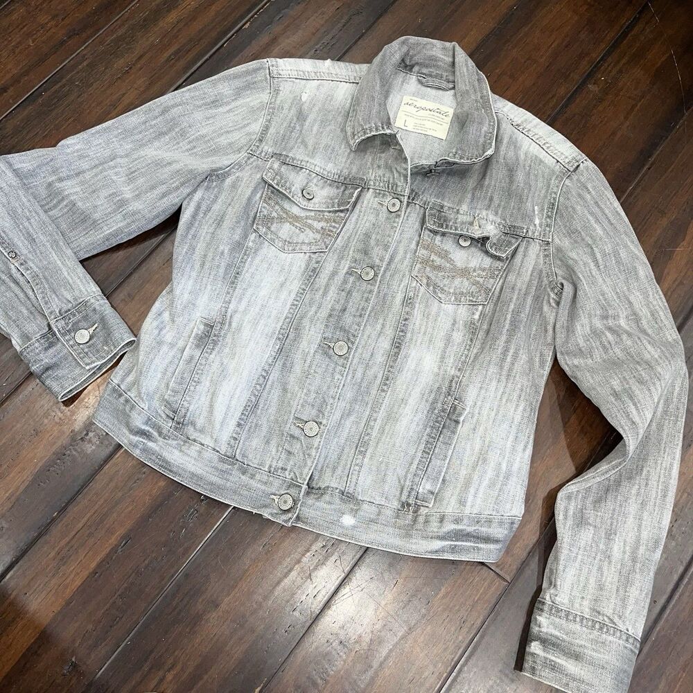 Aeropostale Women's Denim Jean Jacket Size L Gray Button Front Distressed Y2K